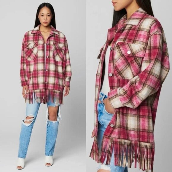 NWT BlankNYC Woodstock Wool Plaid Fringe Shacket XS Pink Oversized Flannel - Picture 3 of 6